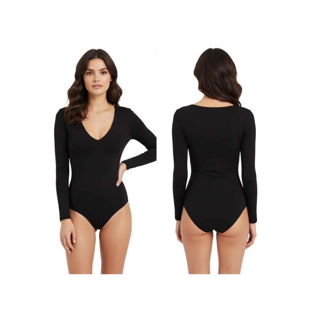 Leith Black Long-Sleeve V-Neck  One-Piece Bodysuit